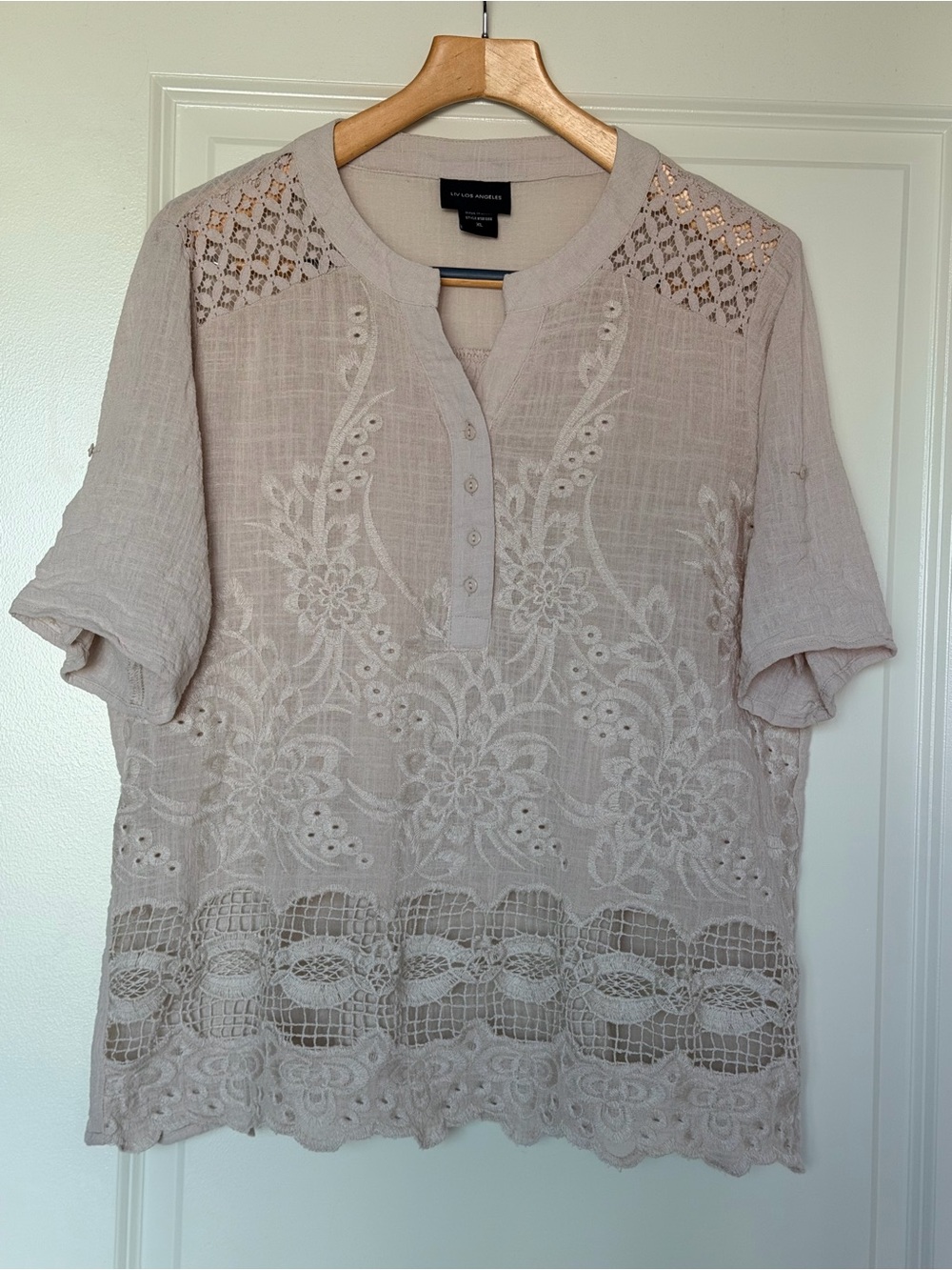 Liv Los Angeles Beige Embroidered Cotton Lace Boho Blouse XL